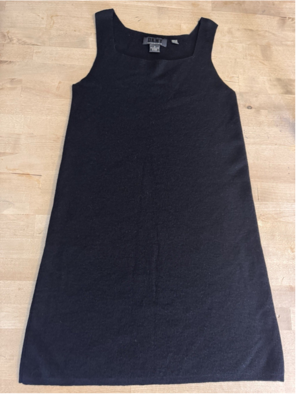 DKNY Essentials A-Line Black Dress 100% Wool - Small Square Neck Classic Chic